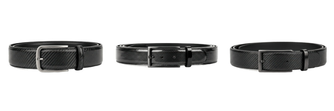 Collage of Black Leather Men's Belts with Metal Buckles PNG Isolated on White Background for Fashion, Apparel, Retail, and Accessories Advertising