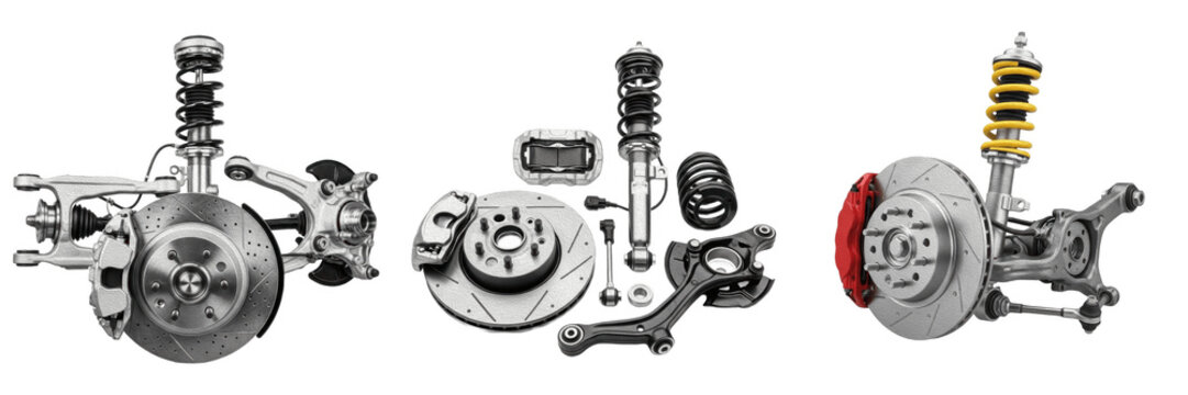 Set of Isolated Car Suspension and Brake System Components, High-Performance Automotive Parts, Disk Brakes, Shock Absorbers, and Steering Knuckles, Transparent PNG Clipart for Mechanical Engineering P