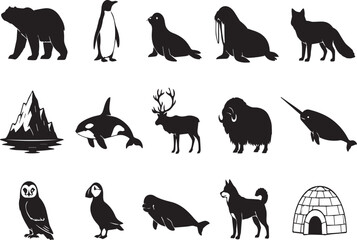 Vector silhouettes of Arctic and Antarctic animals: polar bear, penguin, walrus, seal, narwhal, orca, and reindeer. Includes an igloo and iceberg, ideal for winter nature and wildlife designs. © Sadek