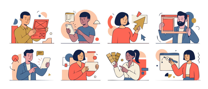 UI UX Design Process Illustration Set, Web Developers and Graphic Designers Working on Digital Projects, Flat Vector Characters with Wireframes, Prototypes, Color Palettes and Interface Elements Conce