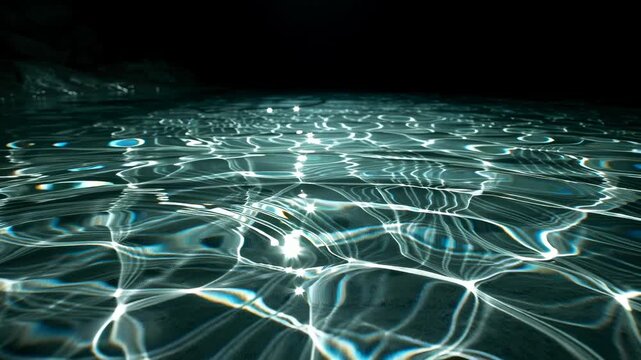 Water surface reflection and light refraction create an abstract background with shimmering caustic patterns on dark water. This fluid motion texture is commercial advertising, graphic design, or as a