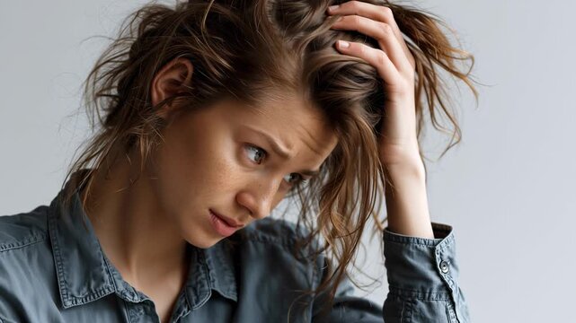 Stress and mental health are key concepts in this image, a young woman with messy hair scratching her head. She looks down with a worried and frustrated expression, conveying feelings of anxiety and c