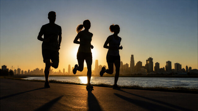 Silhouette of three runners jogging along a lakefront path at sunrise with a city skyline in the background