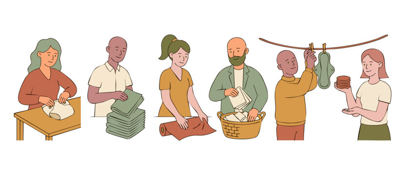 Reusable Menstrual Products Usage and Care Illustration Set showing people cleaning, drying, and folding cloth sanitary pads and panty liners in a sustainable household lifestyle concept, flat vector