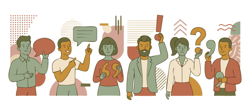 People holding punctuation marks and speech bubbles for grammar and communication concept. Flat vector illustration of diverse team with exclamation point, question mark and quotes in a modern busines