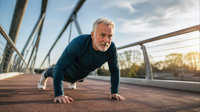 Active senior man doing push-ups on a pedestrian bridge during an outdoor workout