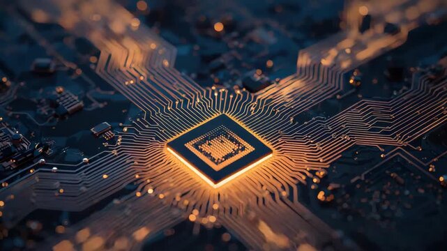 Glowing central microchip printed circuit board with warm electronic component highlights