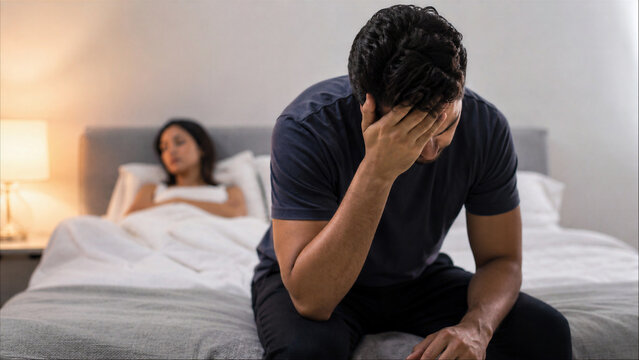 Sad man sitting on the edge of the bed with his hand on his face, experiencing relationship problems, stress, or intimacy issues with his partner in the background.