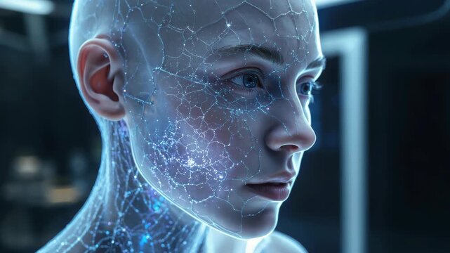 Futuristic android humanoid cybernetic face with glowing circuit and neural network cracks