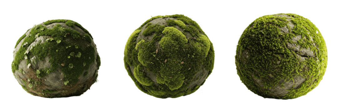 Green mossy stone spheres set with realistic texture details, isolated round moss ball rocks on transparent background, high-quality garden decoration and fantasy landscape element PNG clip art collec