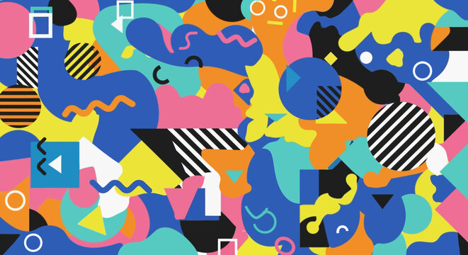 Vibrant Memphis Style Abstract Background with Geometric Shapes and Patterns