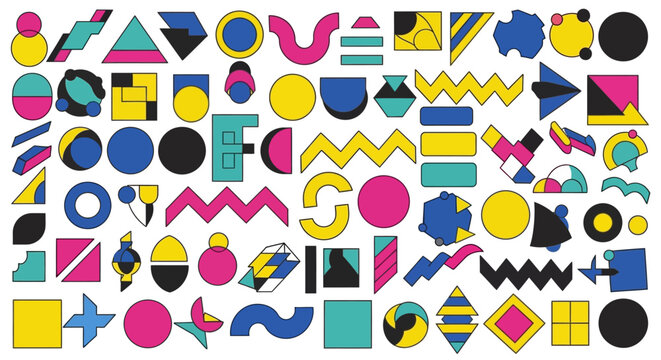 Retro Geometric Shapes Collage, Memphis Style Design Elements