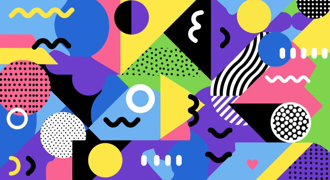 Retro Abstract Geometric Pattern, Memphis Style, Vibrant Colors