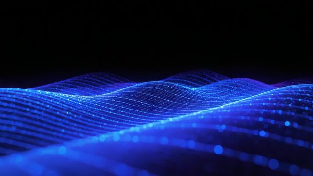 Blue glowing digital data wave grid with flowing dotted particle light motion pattern