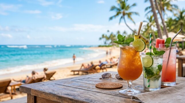 Three tropical drinks on wooden beach table with ocean background