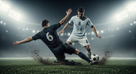 Naklejka premium Two soccer players during sliding tackle in floodlit stadium