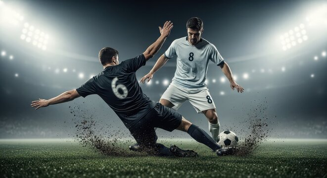 Two soccer players during sliding tackle in floodlit stadium