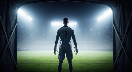 Fototapeta premium Goalkeeper at tunnel entrance looking toward stadium field