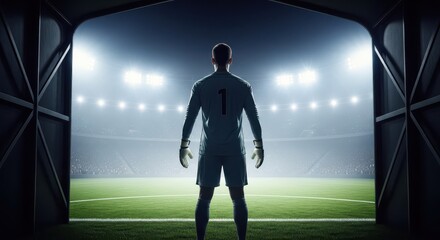 Fototapeta premium Goalkeeper standing in stadium tunnel facing field
