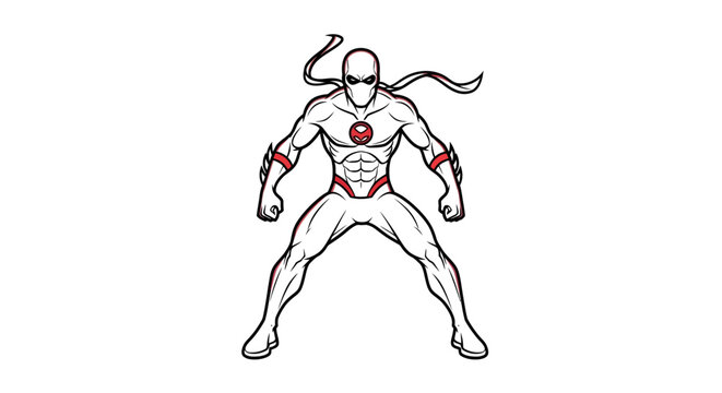Superhero character drawing, white costume, red accents, dynamic pose