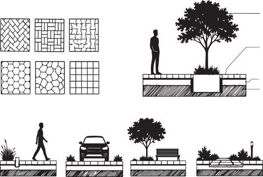 Architectural Landscape Design Vector Illustration Set Featuring Various Urban Paving Patterns, Street Cross Sections, Tree Silhouettes, Walking Man, Car, and Park Bench Graphic Symbols.