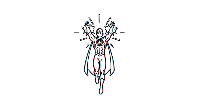 Superhero character illustration, arms raised, comic style, graphic design