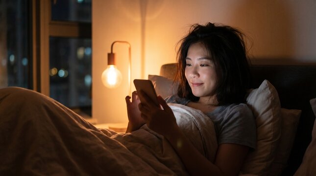 Young Woman Browsing Smartphone in Bed at Night