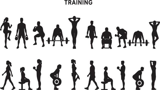 Comprehensive Fitness Training Silhouettes Set Featuring Men and Women Performing Gym Exercises, Weightlifting, Bodybuilding, Cardio, and Stretching for Health and Wellness Vector Design.