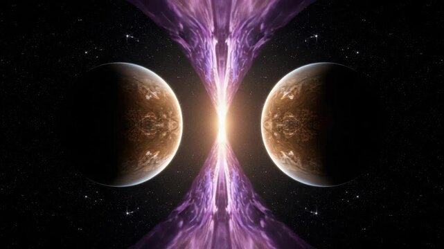 Planet twin rocky planet silhouette with purple energy rift and glowing space gateway purple energy