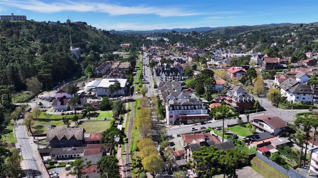 Emilio Ribas Avenue In Campos Do Jordao Sao Paulo Brazil. Birds Eye View Of Stunning Cityscape With Streets And Buildings. Town Clouds Sky Backgrounds Urban. Town Panning Wide.