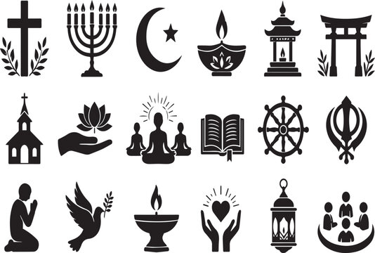 Diverse Collection of World Religious and Spiritual Symbols Vector Icons for Interfaith Unity; Black and White Illustrations of Faith, Peace, Meditation, and Global Worship Traditions.