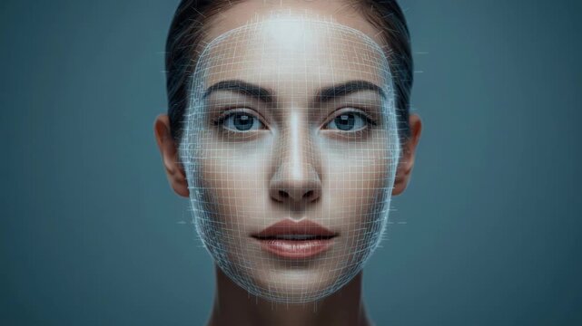 Young woman portrait face with biometric scanning grid overlay conveying facial recognition mesh