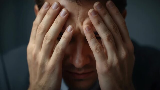 Man holding head in hands portrait showing stress and anxiety with tense posture in dim light