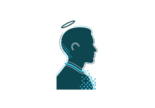 Digital Saint Silhouette Profile with Halo and Pixel Glitch Effects
