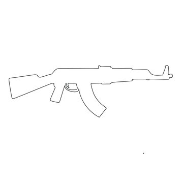 AK 47 assault rifle outline vector icon isolated on white background, black line art silhouette of a Kalashnikov automatic gun, simple military firearm weapon illustration for army concept design
