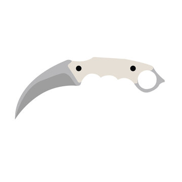 Flat vector illustration of a tactical karambit knife with a curved steel blade and ergonomic light grey handle with a finger ring, isolated on a white background for gaming, combat, and survival.