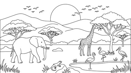 African safari animals line art elephant giraffe flamingos and turtle © mdshawon