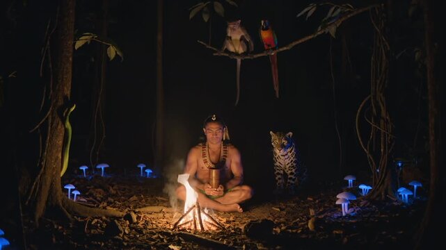 Young indigenous shaman in the jungle surrounded by exotic animals