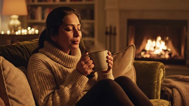 Smiling woman relaxing on a sofa by a roaring fireplace, cradling a warm mug while wearing a chunky turtleneck sweater among cushions, blanket, candles and soft ambient lighting