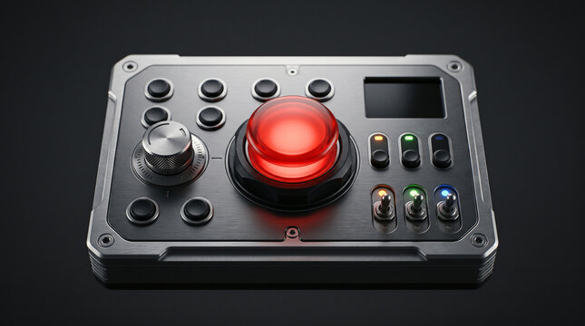 An industrial-style control panel on a dark background. It features a large, glowing red central button, a metallic dial, several black buttons, rocker switches, and colorful LED indicator lights.
