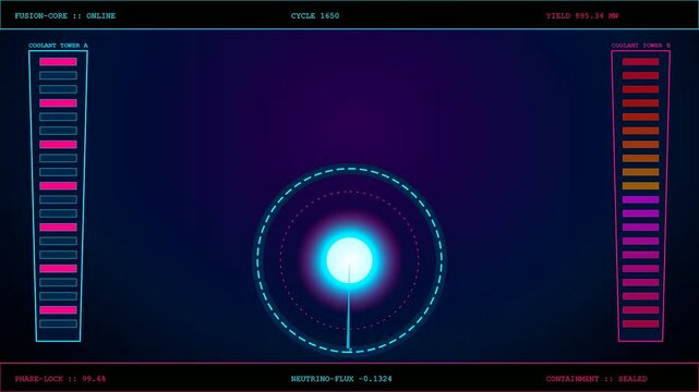 High tech readouts monitor a glowing fusion reactor core as plasma energy pulses through the containment system while digital data fluctuates on the futuristic science dashboard.