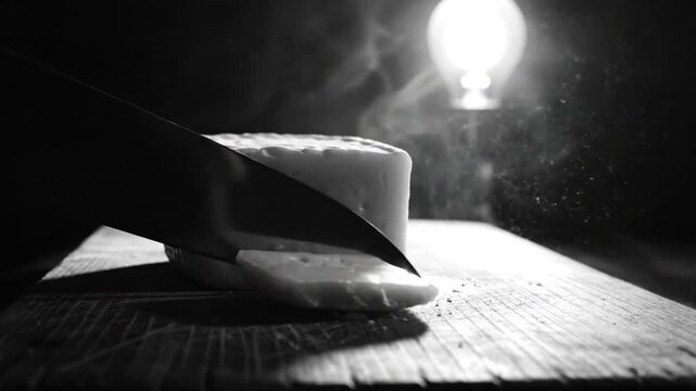 Black and white close up of a knife slicing cheese on a wooden cutting board with light and smoke