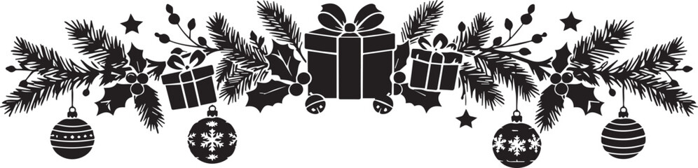 Christmas Garland Vector Silhouette with Gift Boxes, Pine Branches, Holly Berries, and Baubles - Festive Black and White Horizontal Border for Holiday Greeting Cards and Headers © Sadek