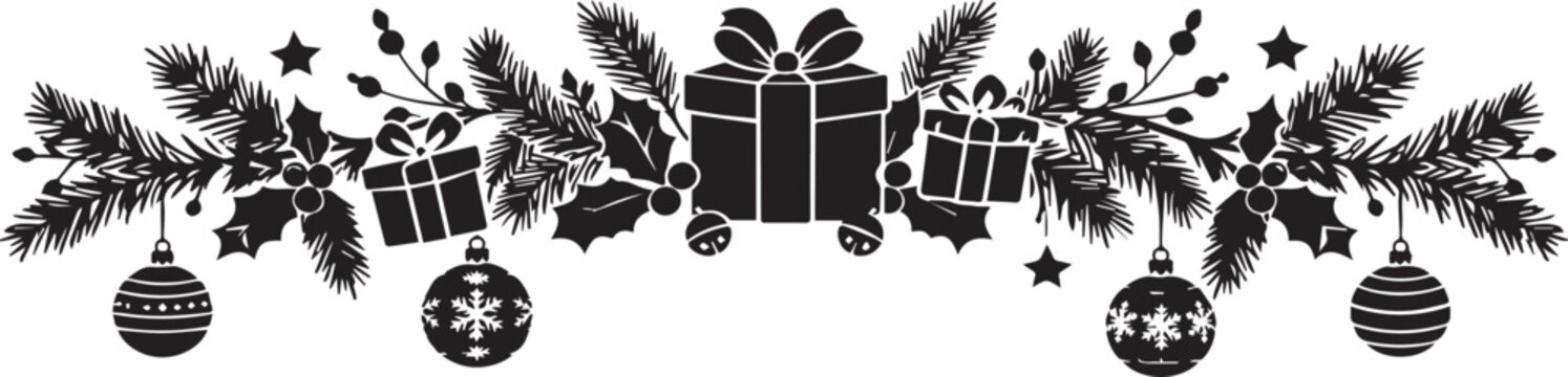 Christmas Garland Vector Silhouette with Gift Boxes, Pine Branches, Holly Berries, and Baubles - Festive Black and White Horizontal Border for Holiday Greeting Cards and Headers