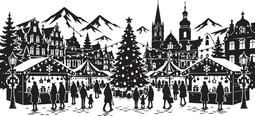 Traditional European Christmas Market Silhouette Vector Art - Festive Winter Holiday Fair with Market Stalls, Large Christmas Tree, People, and Snowy Alpine Mountains Background. © Sadek