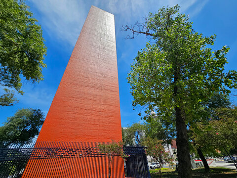 Monterrey, Nuevo Leon, Mexico - Jul 30 2025: Lighthouse of Commerce by Luis Barragan is an iconic monument in the Macroplaza of Monterrey, commemorating the centennial of CANACO