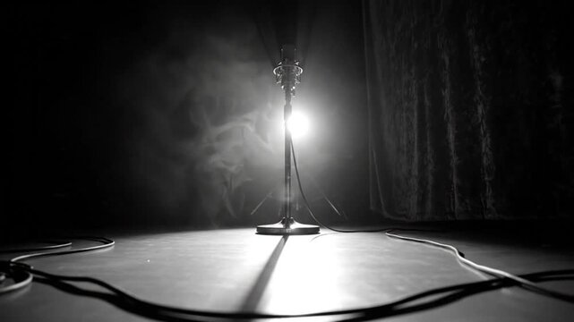 Black and white shot of a vintage microphone illuminated by a spotlight on stage, creating a moody atmosphere