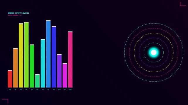This high tech interface monitors a fusion reactor core while displaying dynamic energy output matrices and pulsing data rings for advanced scientific research and monitoring.