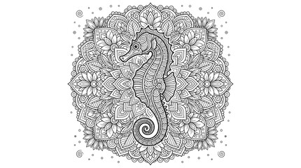 Seahorse coloring page for adults with mandala and floral patterns © mdshawon