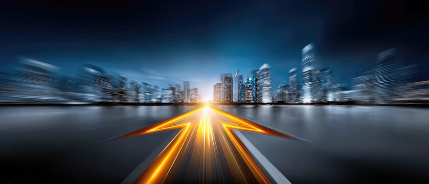 A glowing arrow points toward a futuristic city skyline at night, symbolizing progress, direction, and advancement.